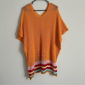 Unbranded Bright Orange Knit Poncho Coverup V-Neck Split Hem One-Size